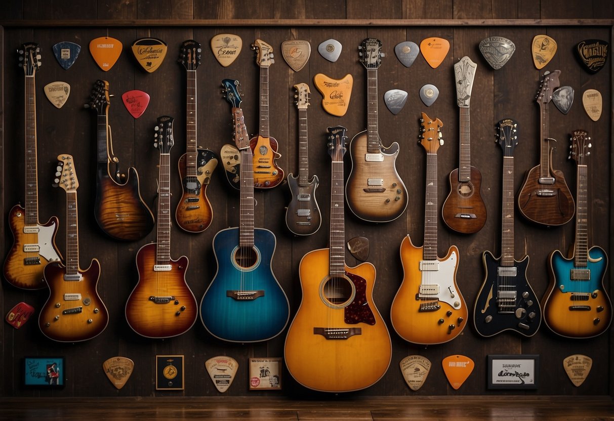 A wooden frame hangs on the wall, displaying an assortment of guitar picks in various colors and designs