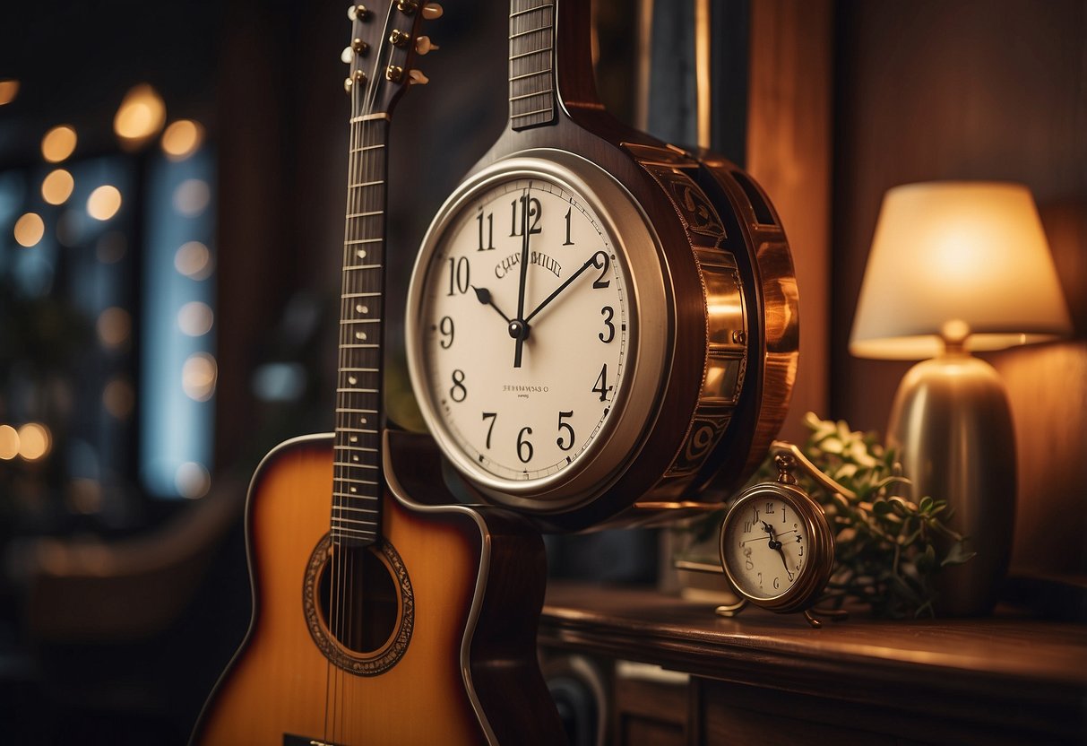 An acoustic guitar-shaped clock hangs on a wall, surrounded by other musical decor, creating a cozy and artistic home atmosphere