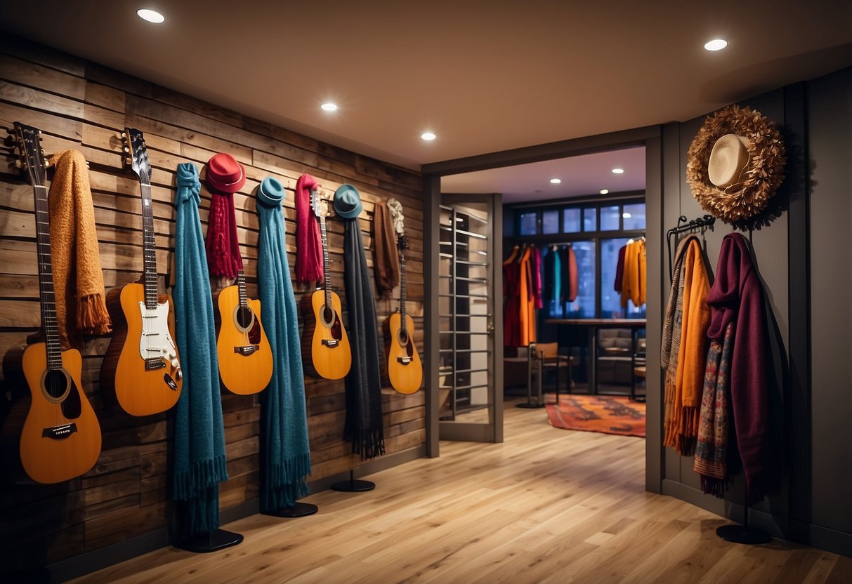 A guitar-shaped coat rack hangs on a wall, adorned with colorful scarves and hats. The room is cozy, with warm lighting and music-themed decor