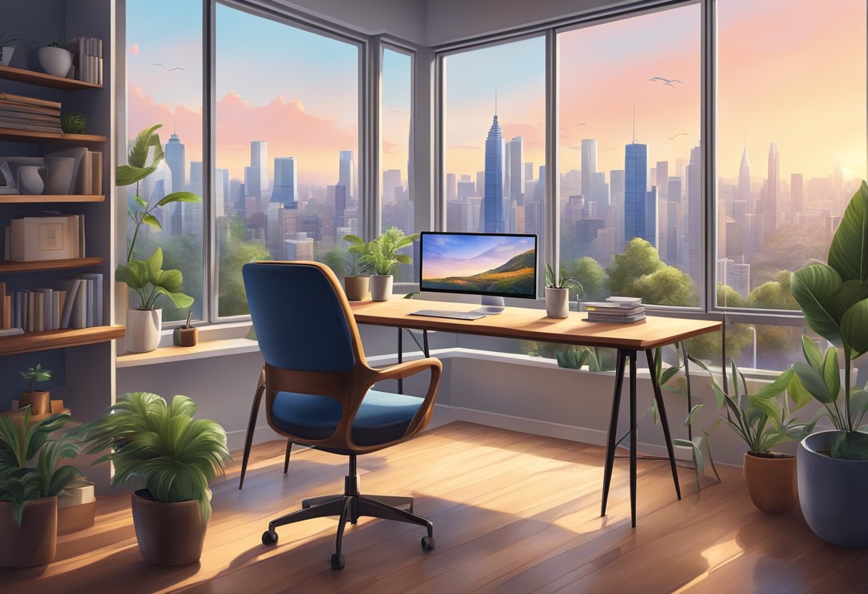 A cozy home office with a view of a peaceful city skyline, surrounded by nature and quiet streets