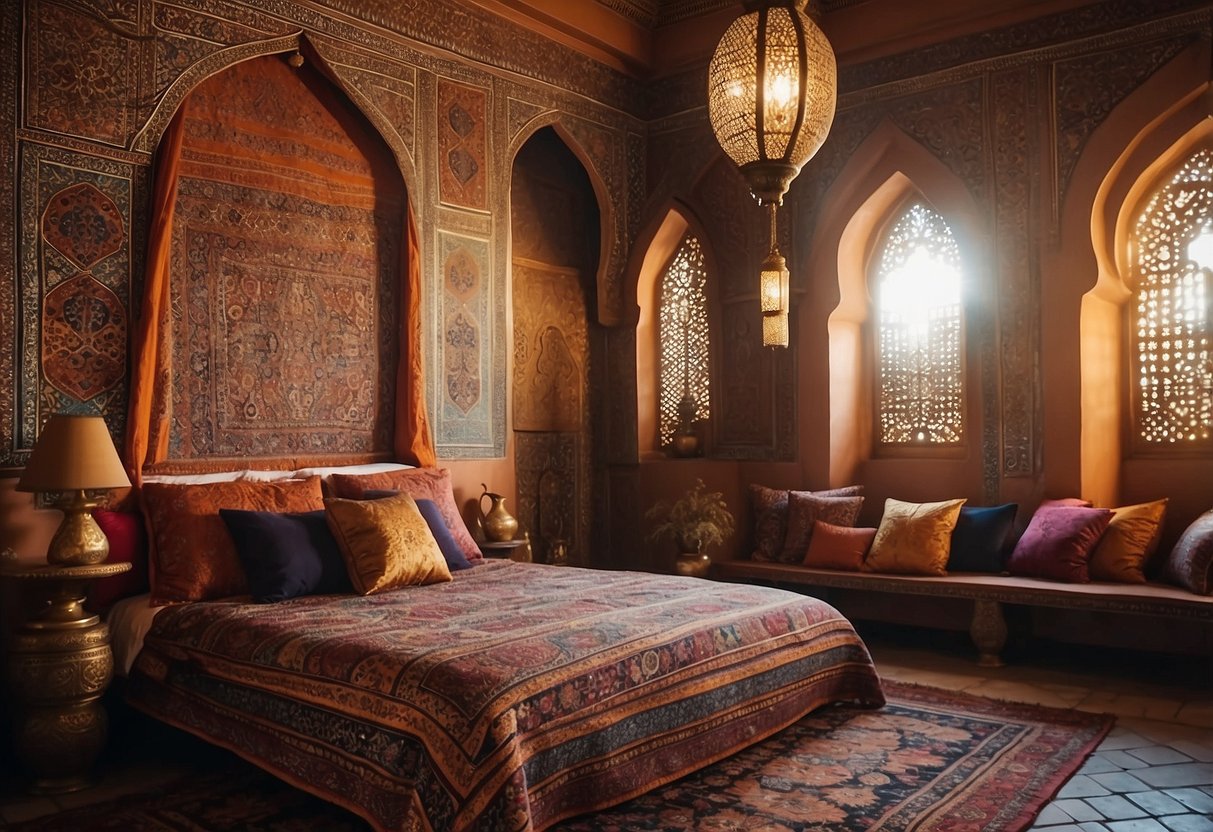 A cozy Moroccan bedroom with rich, colorful textiles, ornate lanterns, and intricate mosaic patterns on the walls and floor. Richly patterned rugs and cushions add warmth and comfort to the space