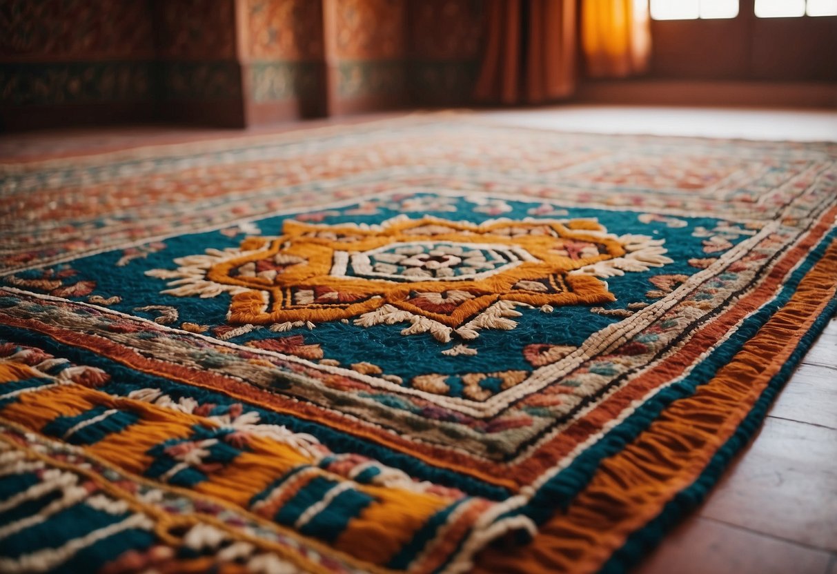 A handwoven Berber rug lies on the floor of a Moroccan bedroom, surrounded by colorful textiles and intricate patterns