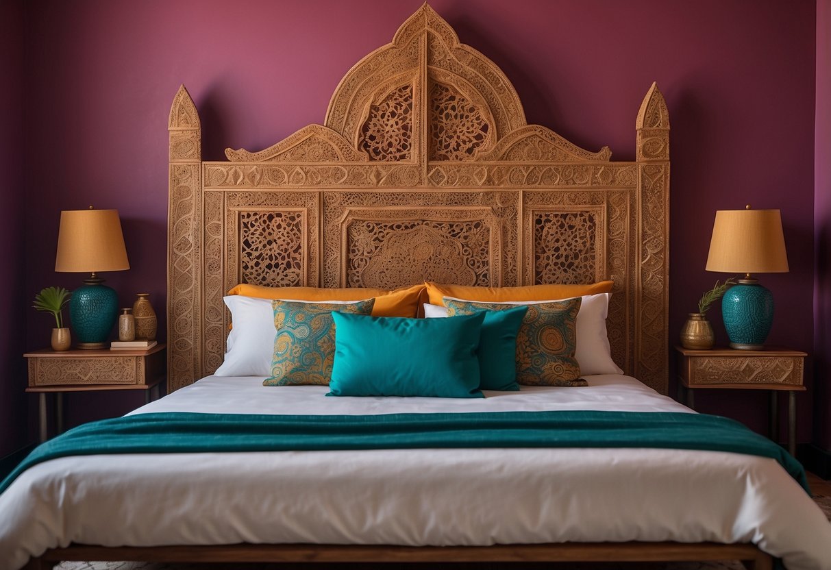 A carved wooden headboard stands against a vibrant Moroccan bedroom backdrop, adorned with intricate patterns and vibrant colors