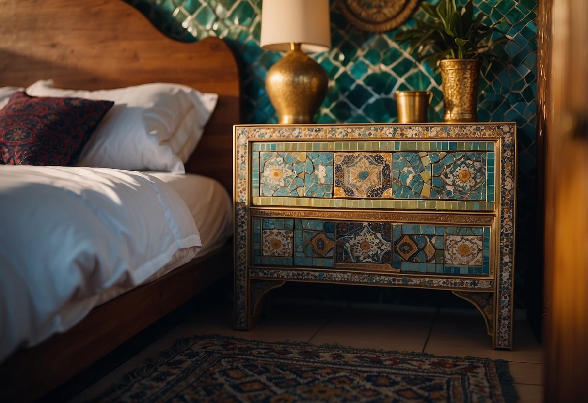 A mosaic tile nightstand stands in a Moroccan bedroom, surrounded by rich, vibrant colors and intricate patterns