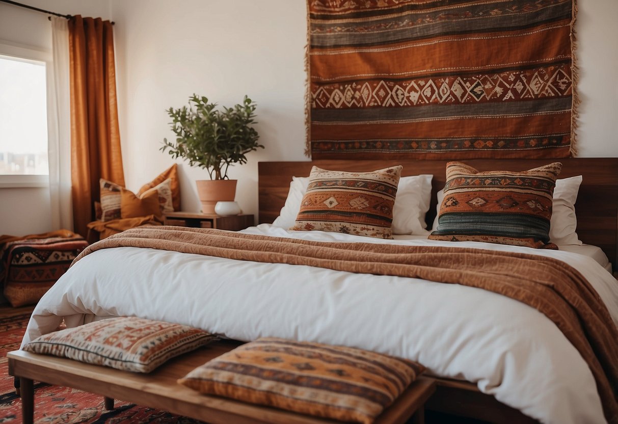 A cozy bedroom with vibrant Kilim pillows scattered on a bed, adding a touch of Moroccan flair to the room's decor