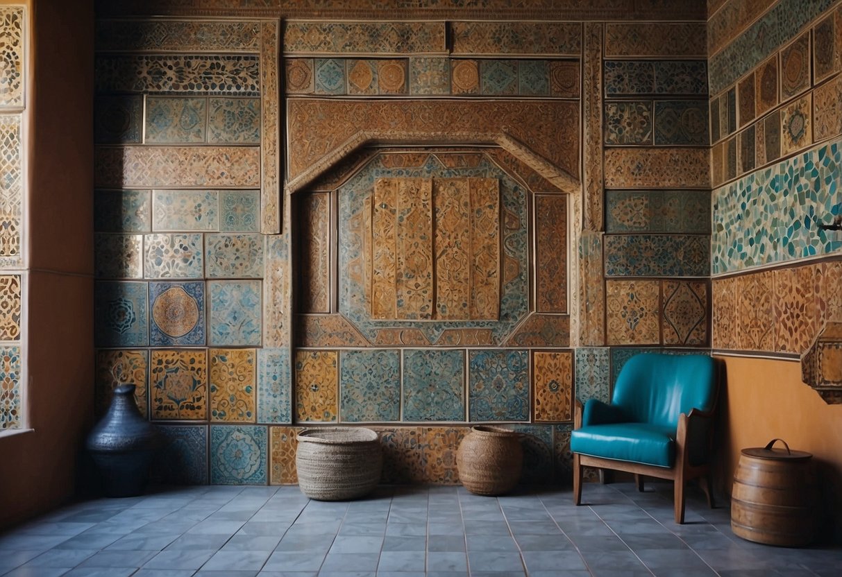 A colorful array of Zellige tiles adorns the walls and floors of a Moroccan bedroom, creating an intricate and vibrant mosaic pattern