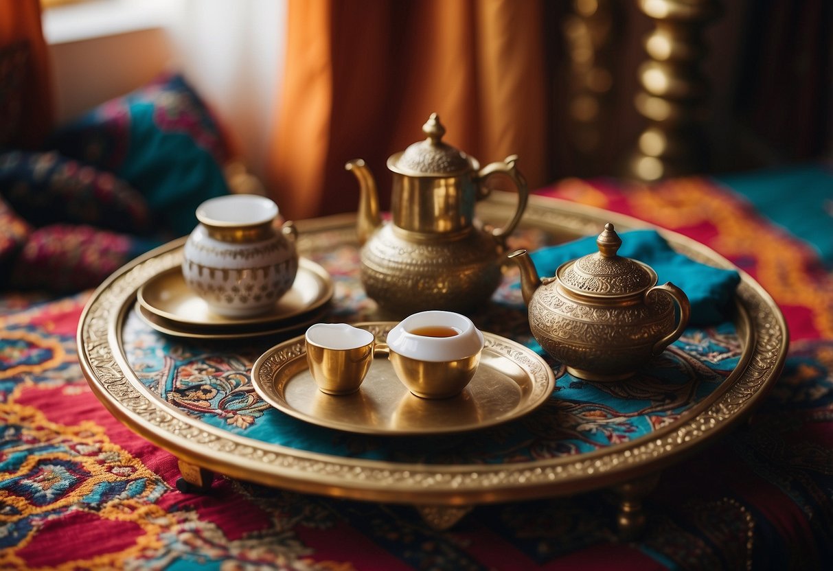 A brass tea tray table sits in a cozy Moroccan bedroom, surrounded by vibrant textiles and ornate decor