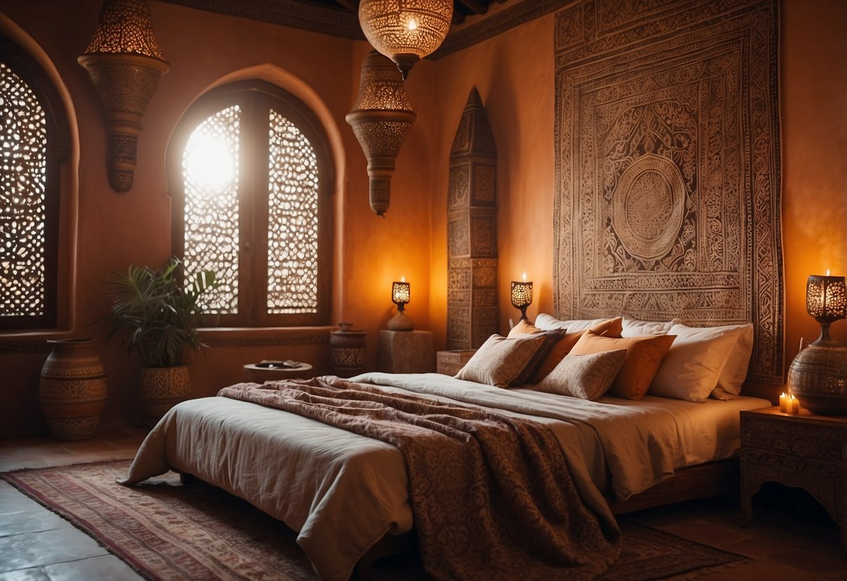 A cozy Moroccan bedroom with Tadelakt walls, adorned with intricate patterns and warm, earthy tones. Rich textiles and ornate lanterns add to the exotic ambiance