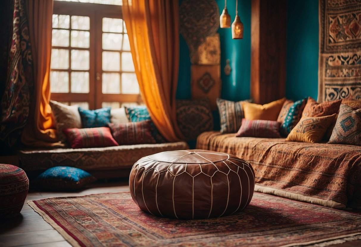 A handcrafted leather pouf sits in the center of a cozy Moroccan bedroom, surrounded by vibrant textiles and intricate patterns