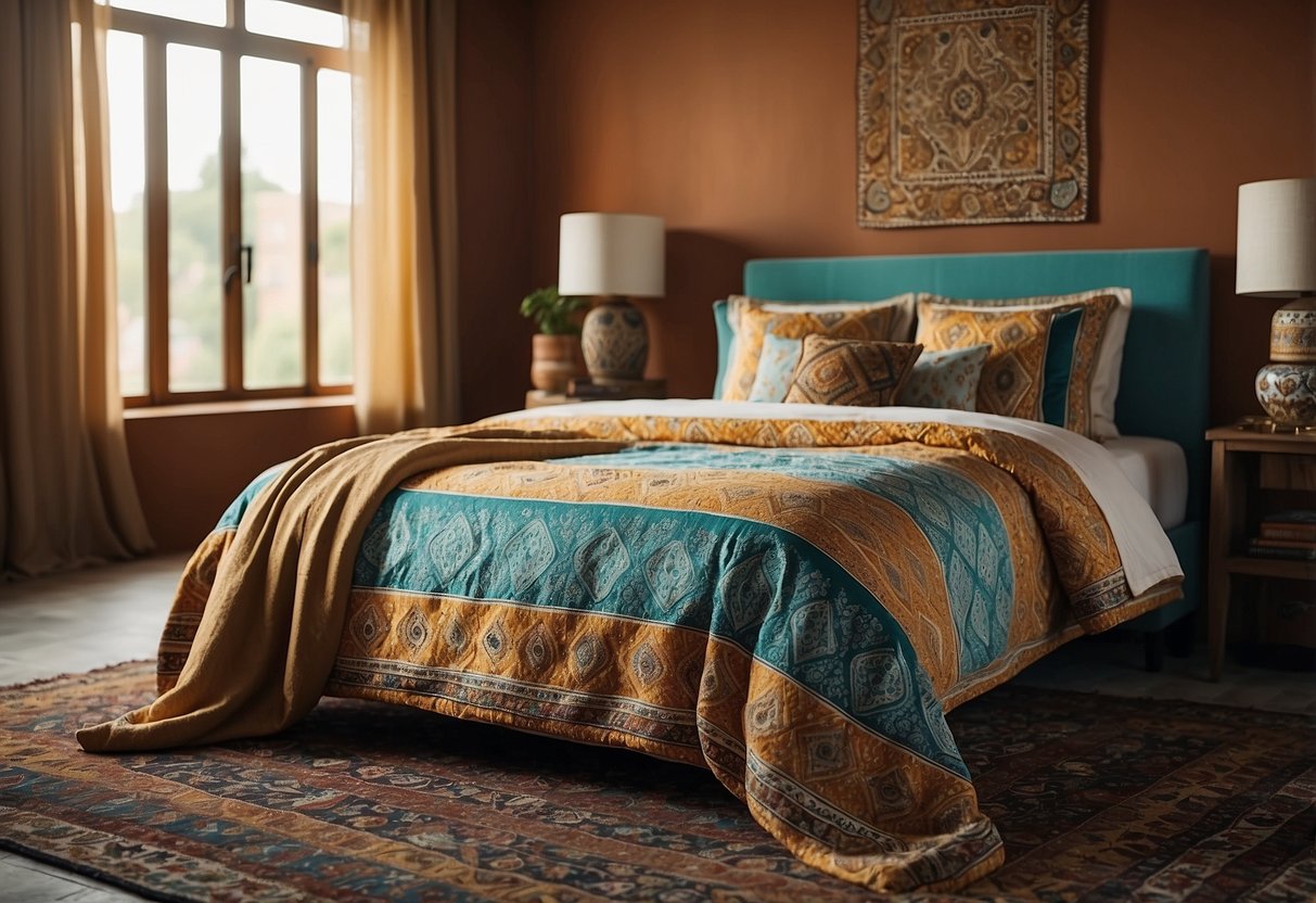 A bed with geometric patterned bedding sits in a Moroccan-inspired bedroom with vibrant colors and intricate designs