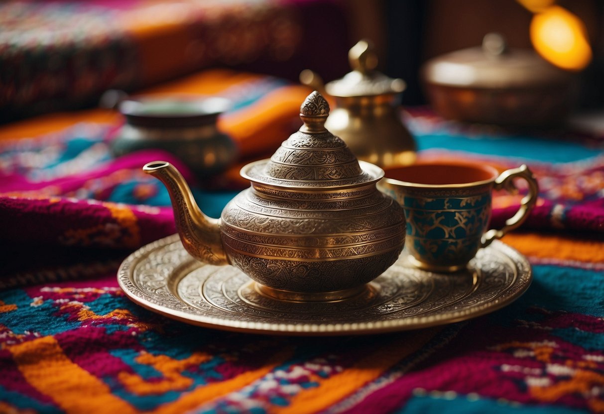 A Moroccan tea set sits on a colorful rug in a cozy bedroom, surrounded by vibrant textiles and intricate patterns