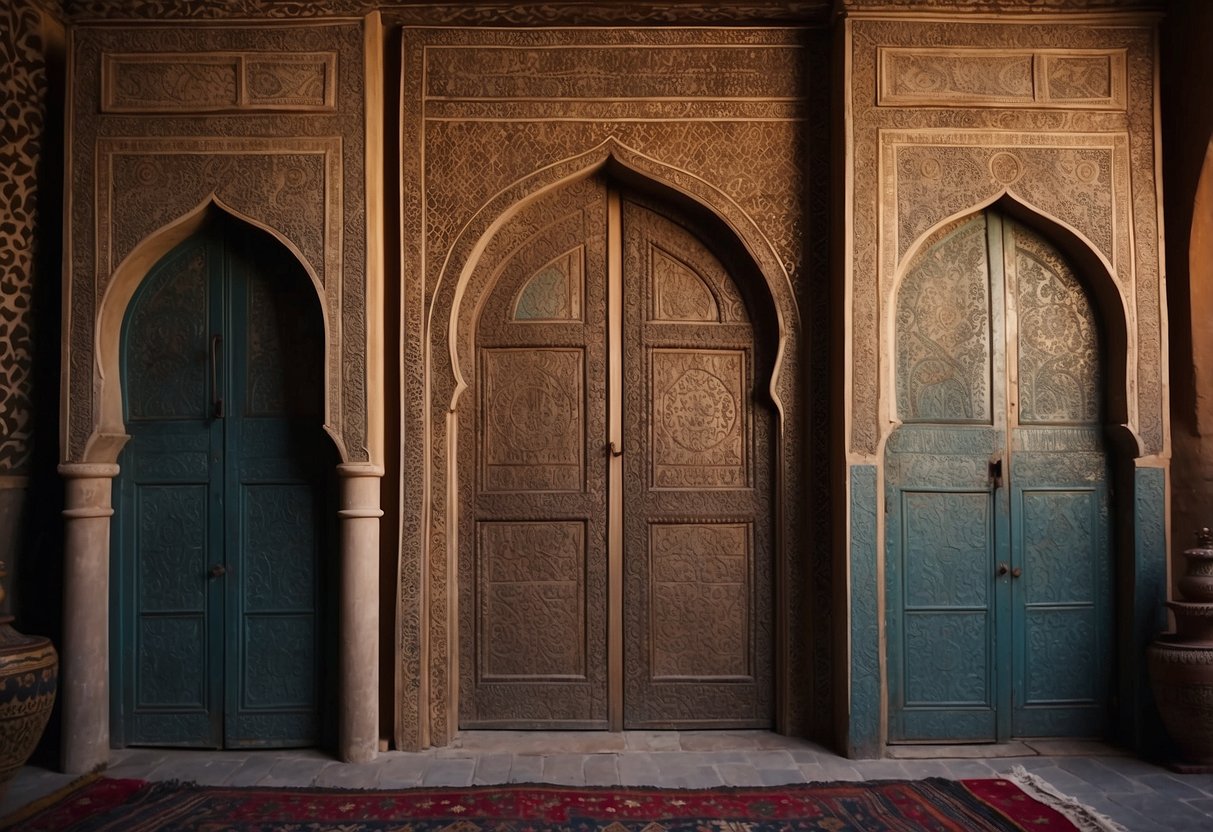 A pair of ornate, weathered Moroccan doors stand tall in a dimly lit bedroom, surrounded by rich, vibrant textiles and intricate patterns