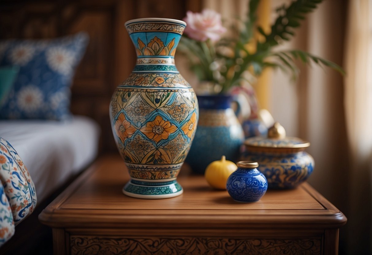 A hand-painted ceramic vase sits on a carved wooden nightstand in a Moroccan-inspired bedroom filled with vibrant colors and intricate patterns