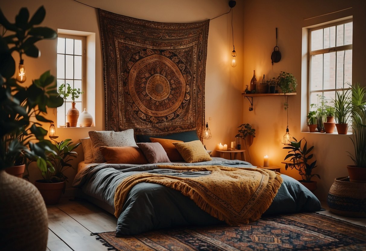 A cozy bedroom with a bohemian wall tapestry, colorful pillows, and warm lighting. Moroccan-inspired decor and patterned rugs complete the eclectic look