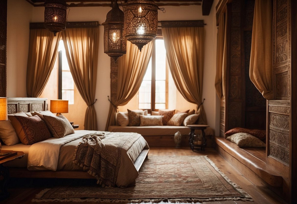 A cozy Moroccan bedroom with warm earthy tones, intricate patterns, and rich textures. A canopy bed with flowing fabrics, ornate rugs, and decorative lanterns create a luxurious and inviting atmosphere