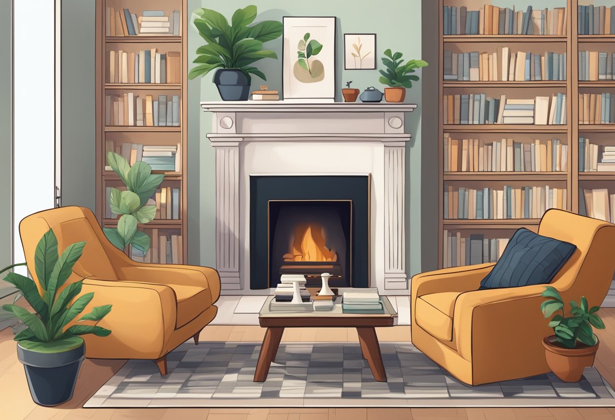 A cozy living room with a bookshelf, a record player, and a comfortable armchair by the fireplace. A chess set and a potted plant sit on a side table