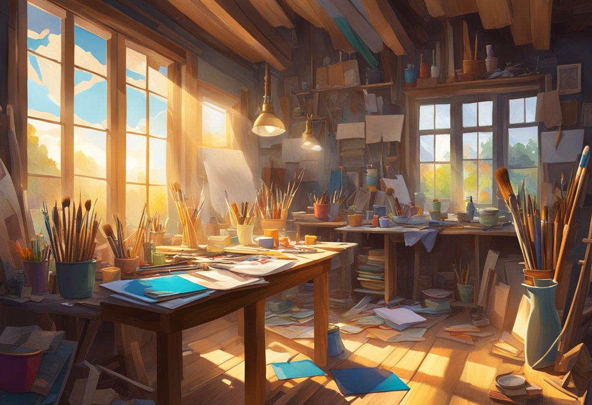 A cluttered art studio with paintbrushes, canvases, and colorful palettes scattered across a worn wooden table. Sunlight streams in through a large window, casting a warm glow on the creative chaos