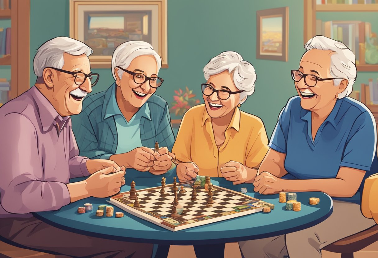 A group of older adults gather around a table, engrossed in a variety of board games. Laughter and friendly competition fill the room as they enjoy each other's company