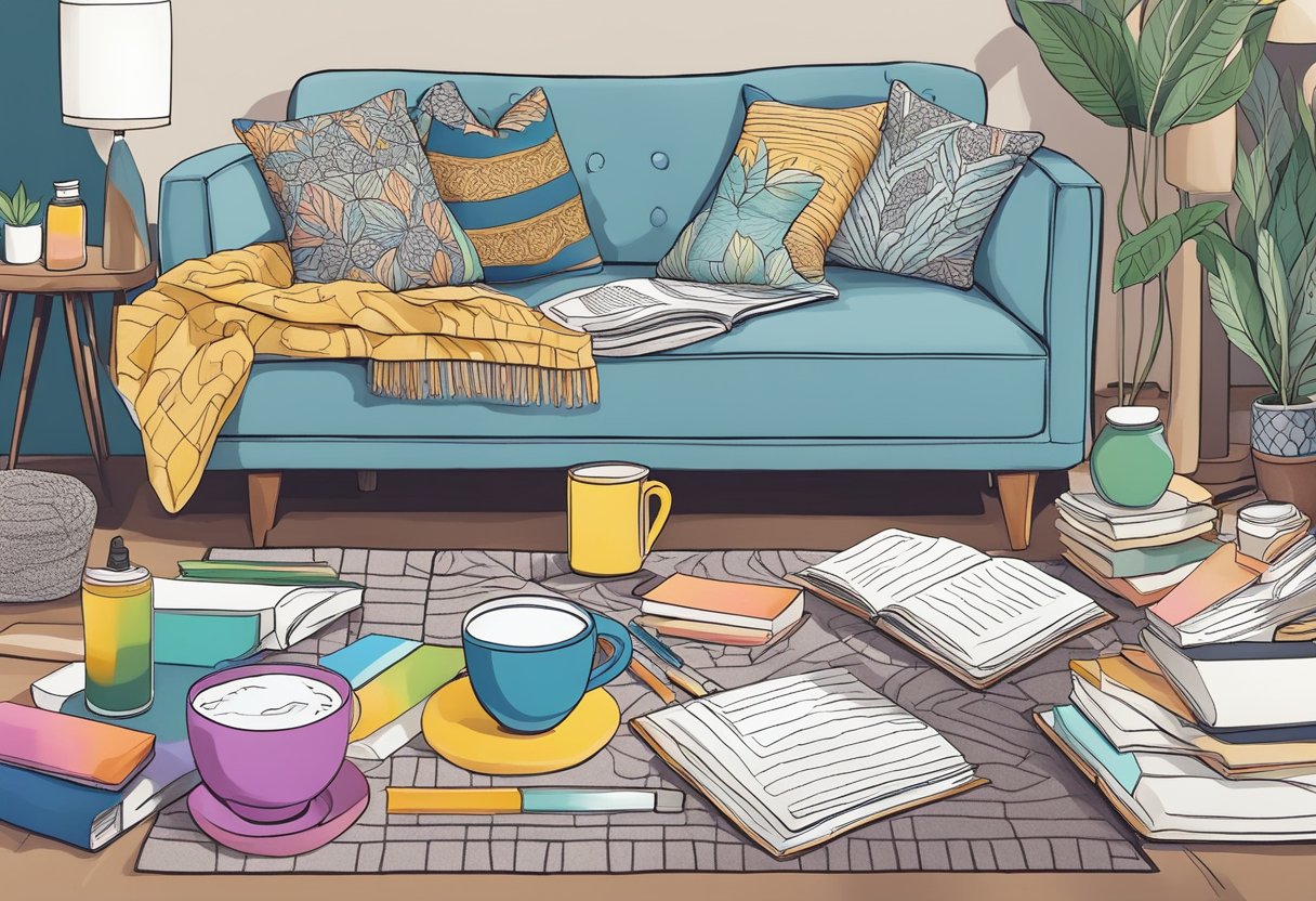 Colorful adult coloring books scattered on a cozy couch, with a cup of herbal tea and a soothing essential oil diffuser nearby