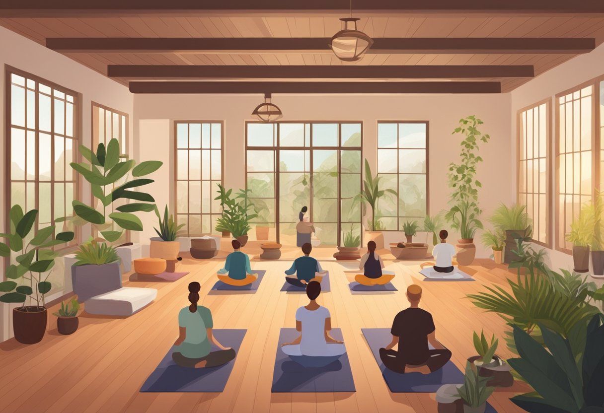 People enjoying yoga, meditation, and spa treatments in a cozy indoor setting. Aromatherapy, soothing music, and comfortable seating add to the tranquil atmosphere