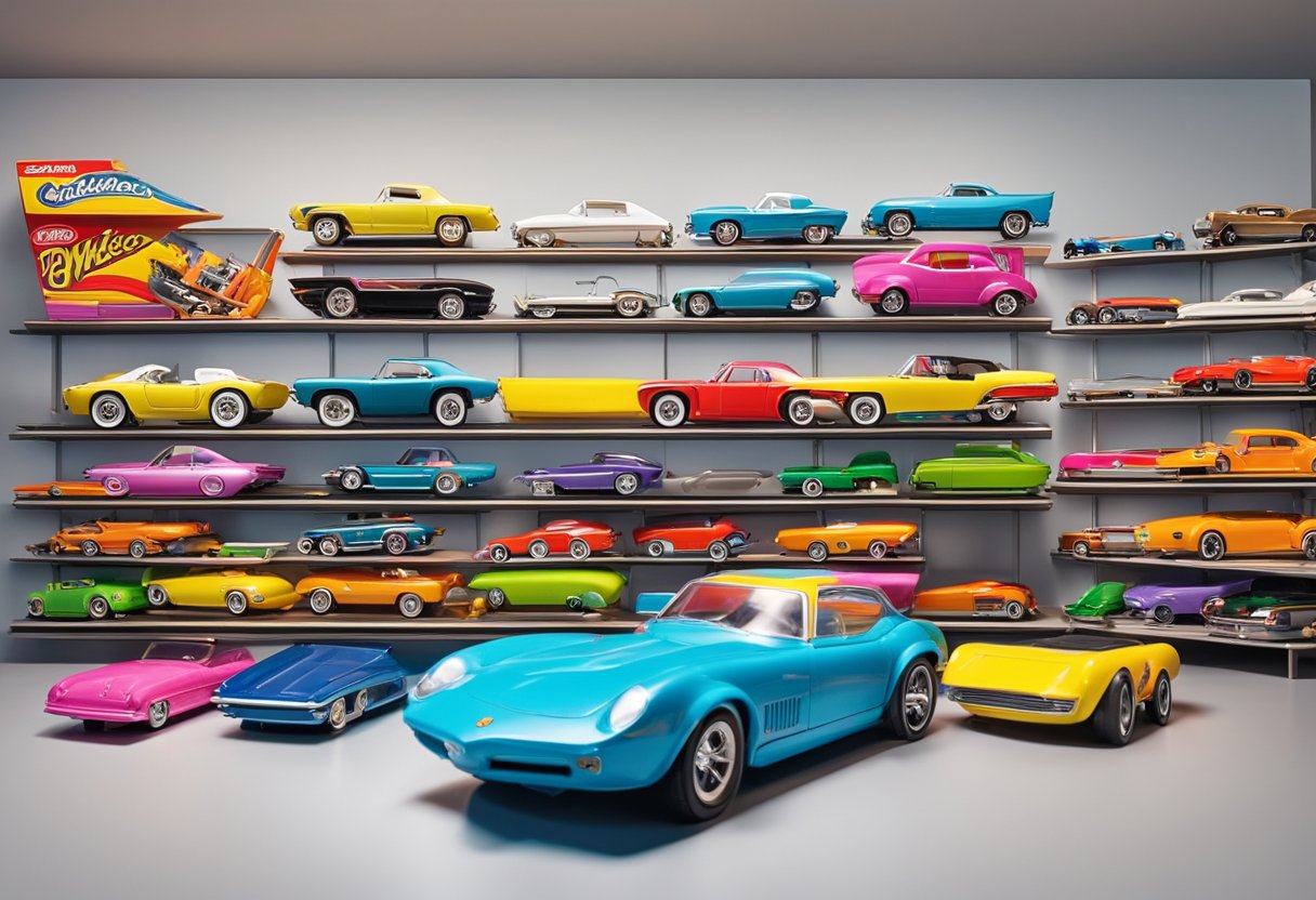 A collection of vintage Mattel toys is displayed on a shelf, including classic Barbies, Hot Wheels cars, and action figures. The bright colors and retro packaging evoke a sense of nostalgia