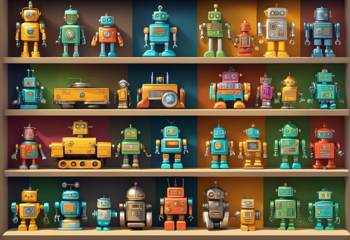 A collection of vintage robot toys displayed on a shelf, with bright colors and metallic finishes, evoking a sense of nostalgia and playfulness