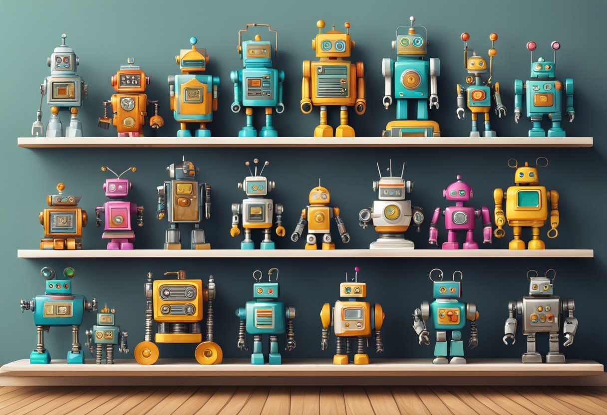 A collection of vintage robot toys displayed on a shelf, with colorful and metallic designs. Some are in action poses, while others stand tall and proud