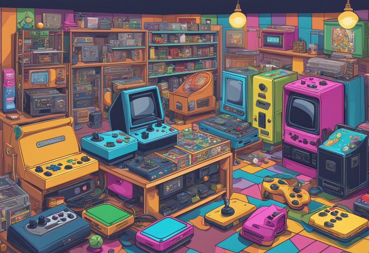 A colorful array of retro gaming consoles, action figures, and board games, surrounded by nostalgic memorabilia and vintage arcade machines