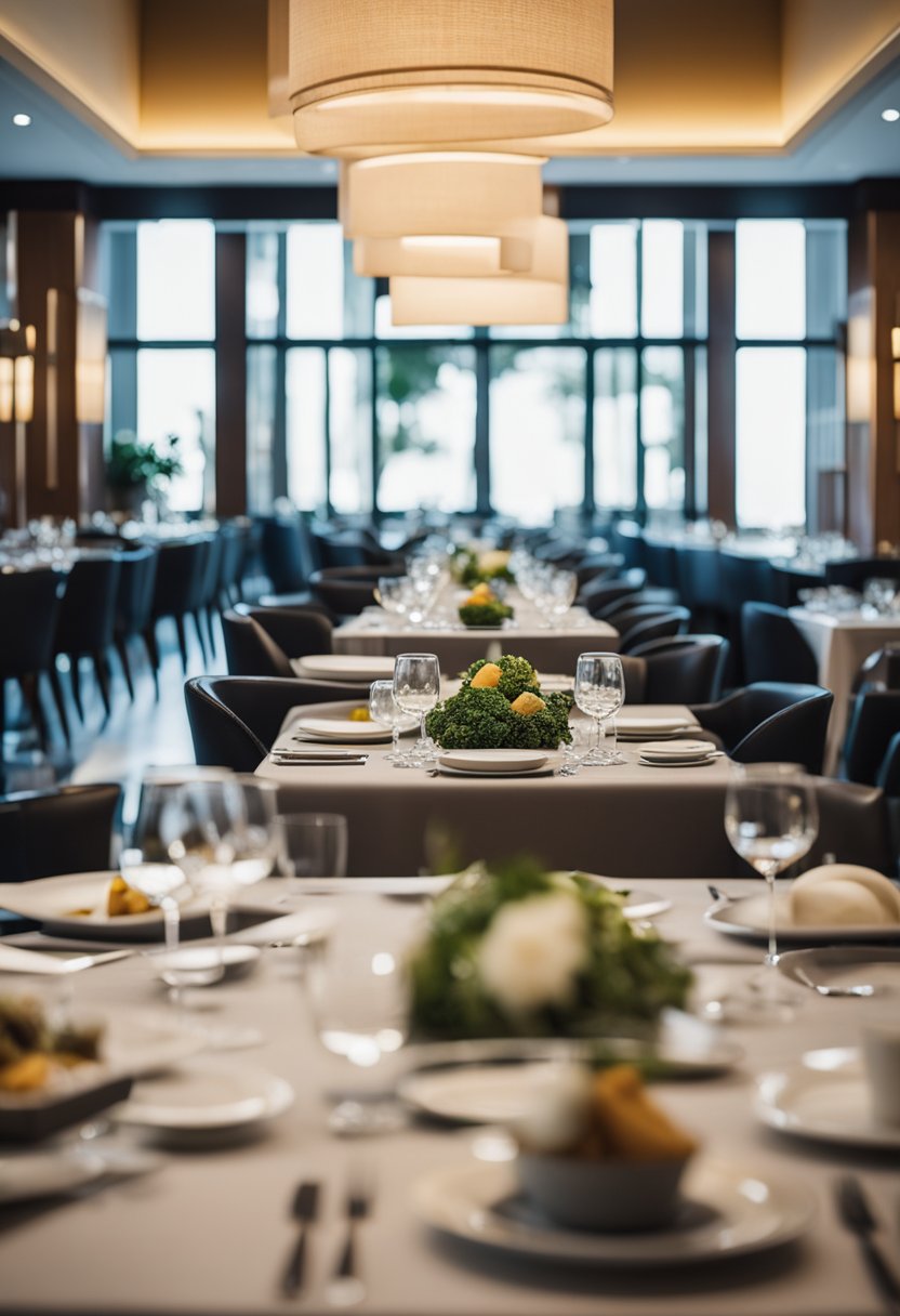 A bustling hotel restaurant with modern decor and a variety of dining options, including a breakfast buffet and a la carte menu