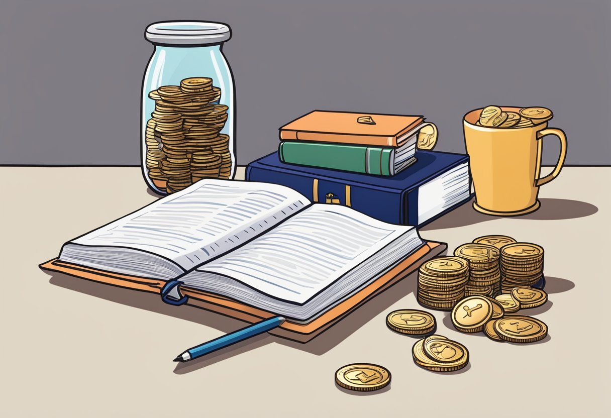 A table with a stack of coins, a budget planner, and a collection box for donations. A Bible open to verses about managing finances