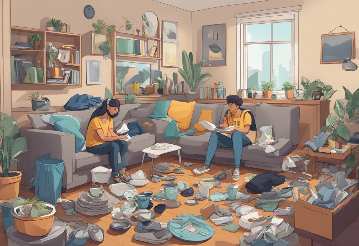 A cluttered living room with dirty dishes and clothes scattered around. One roommate looks frustrated while the other is oblivious, wearing headphones