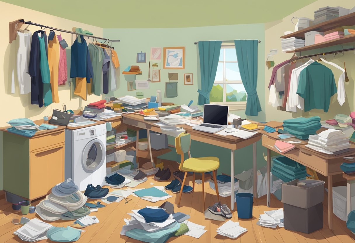 A cluttered room with clothes strewn on the floor, dishes piled in the sink, and papers scattered on the desk