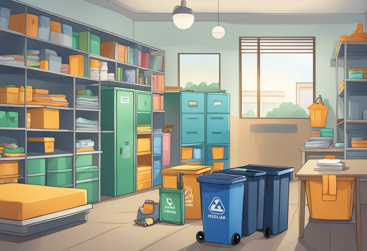 A tidy room with organized shelves and neatly made beds. Trash bins are empty and floors are clean. A sign on the wall reads "Keep it clean!"