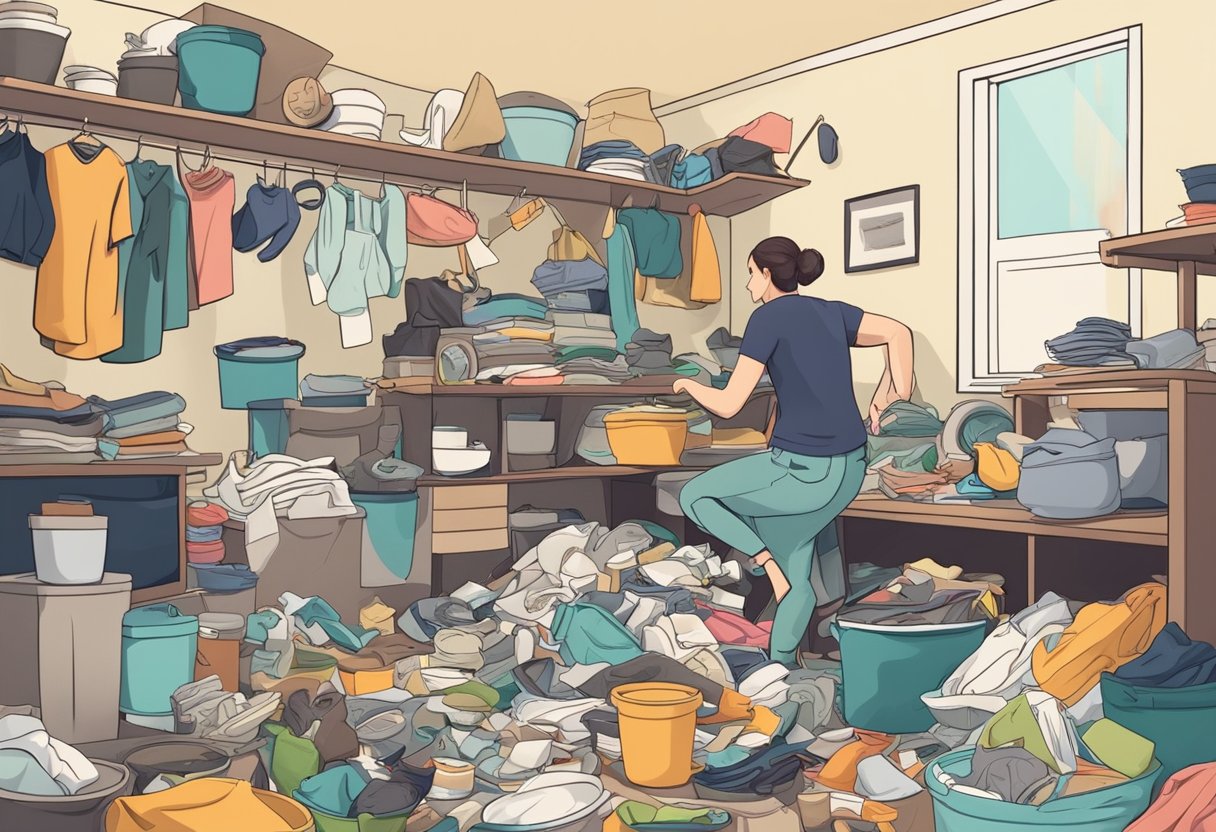 A cluttered room with clothes strewn about, dirty dishes piled up, and a frustrated individual trying to organize and clean up the mess