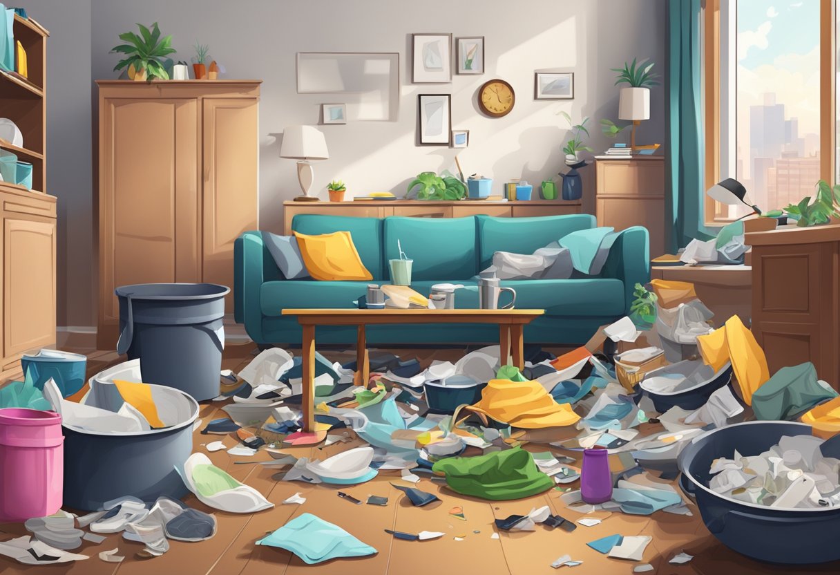 A cluttered living room with dirty dishes and scattered clothes. Trash overflowing from the bin, creating a chaotic and messy environment