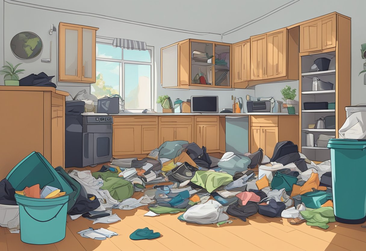 A cluttered living room with dirty dishes piled up, clothes strewn across the floor, and overflowing trash bins. A sense of chaos and disorganization permeates the space