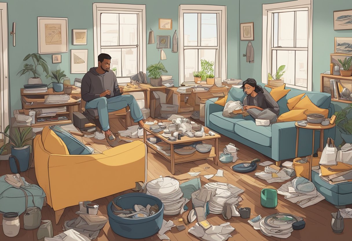 A cluttered living room with scattered belongings and dirty dishes, as two roommates argue over cleaning responsibilities