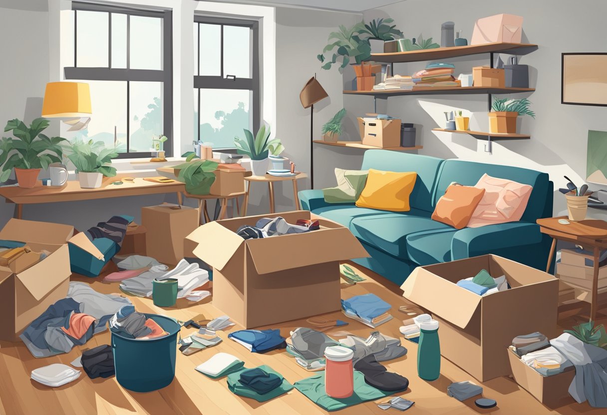 A cluttered room with clothes and dishes strewn about. One roommate packing boxes, while the other lounges on the couch, oblivious