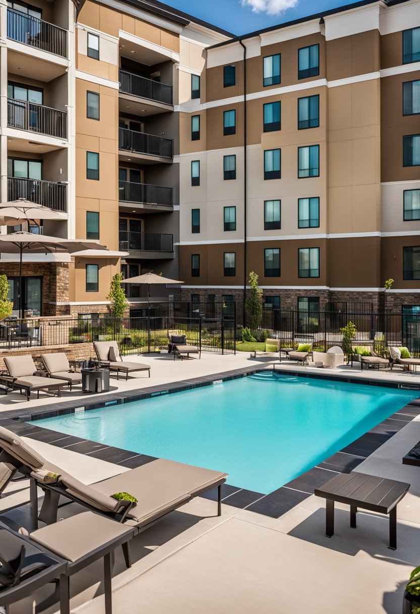 The TownePlace Suites by Marriott Waco South features a pool surrounded by lounge chairs, a barbecue area, and a spacious outdoor patio