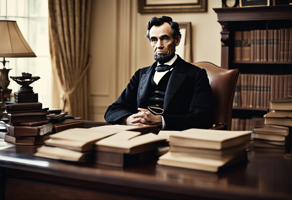 Abraham Lincoln seated at his desk in the White House, deep in thought, surrounded by books and papers, exuding a sense of determination and wisdom