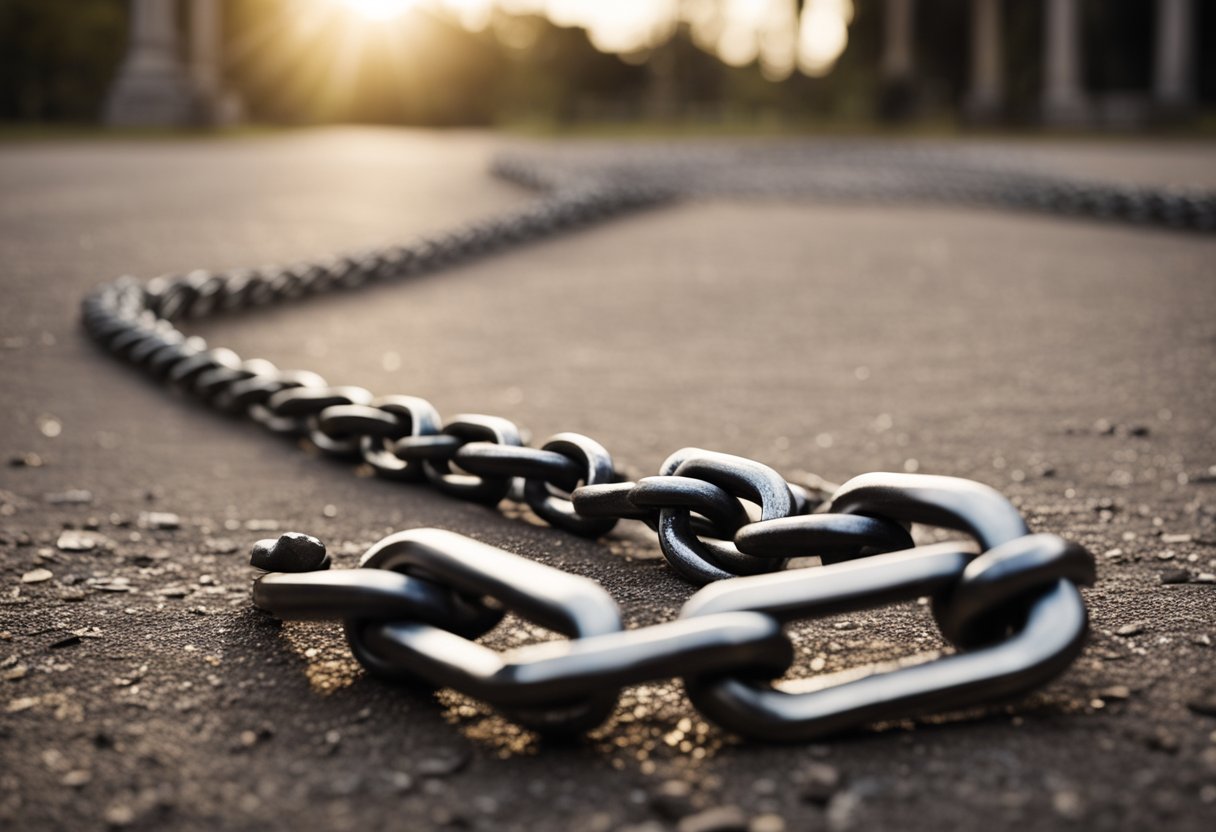 A broken chain lies on the ground, symbolizing emancipation and the abolishment of slavery. A figure stands tall, representing Abraham Lincoln's leadership