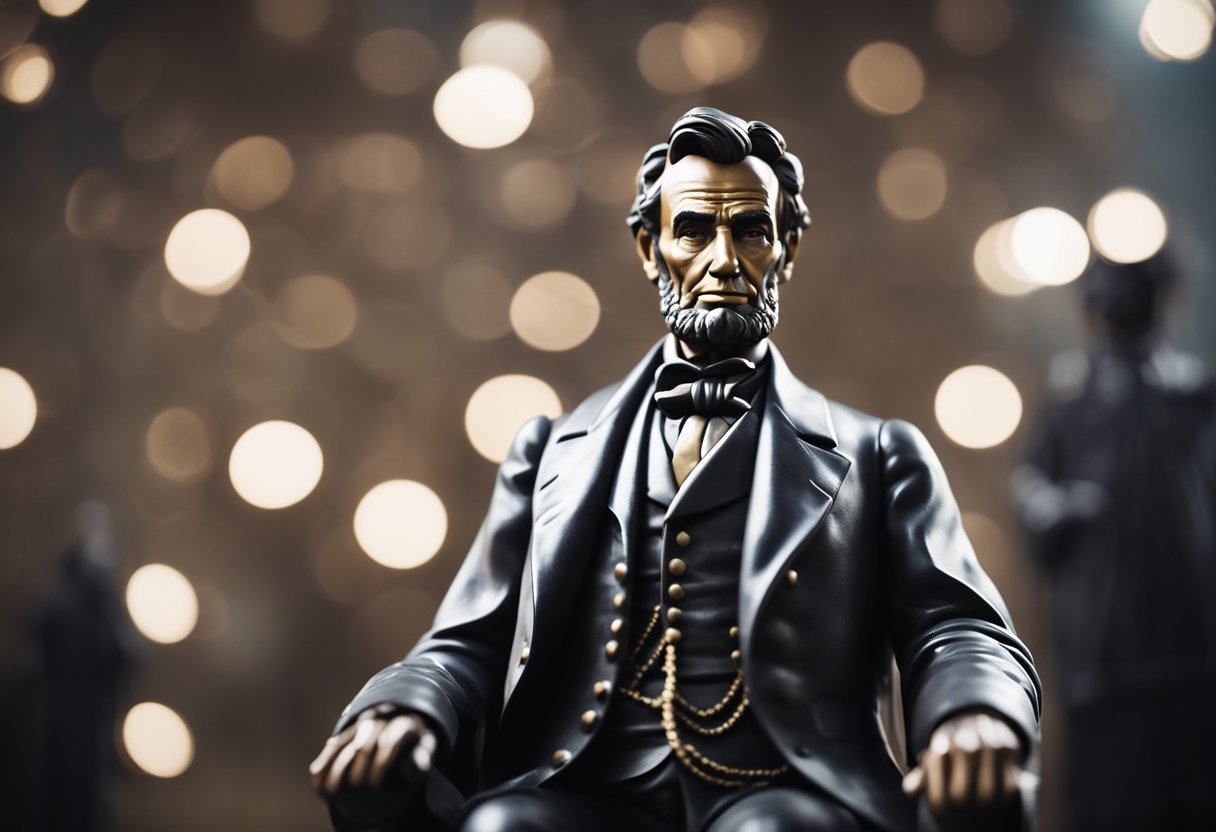 Abraham Lincoln stands tall, surrounded by chaos. His calm demeanor and strong presence inspire confidence and resilience in those around him