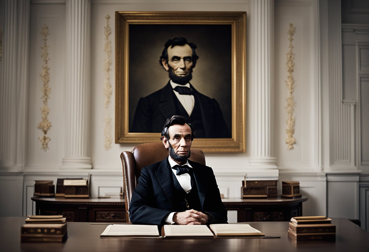 Abraham Lincoln seated at a grand desk, surrounded by diplomats. He exudes confidence and wisdom, engaging in thoughtful conversation. A map of the world hangs on the wall behind him