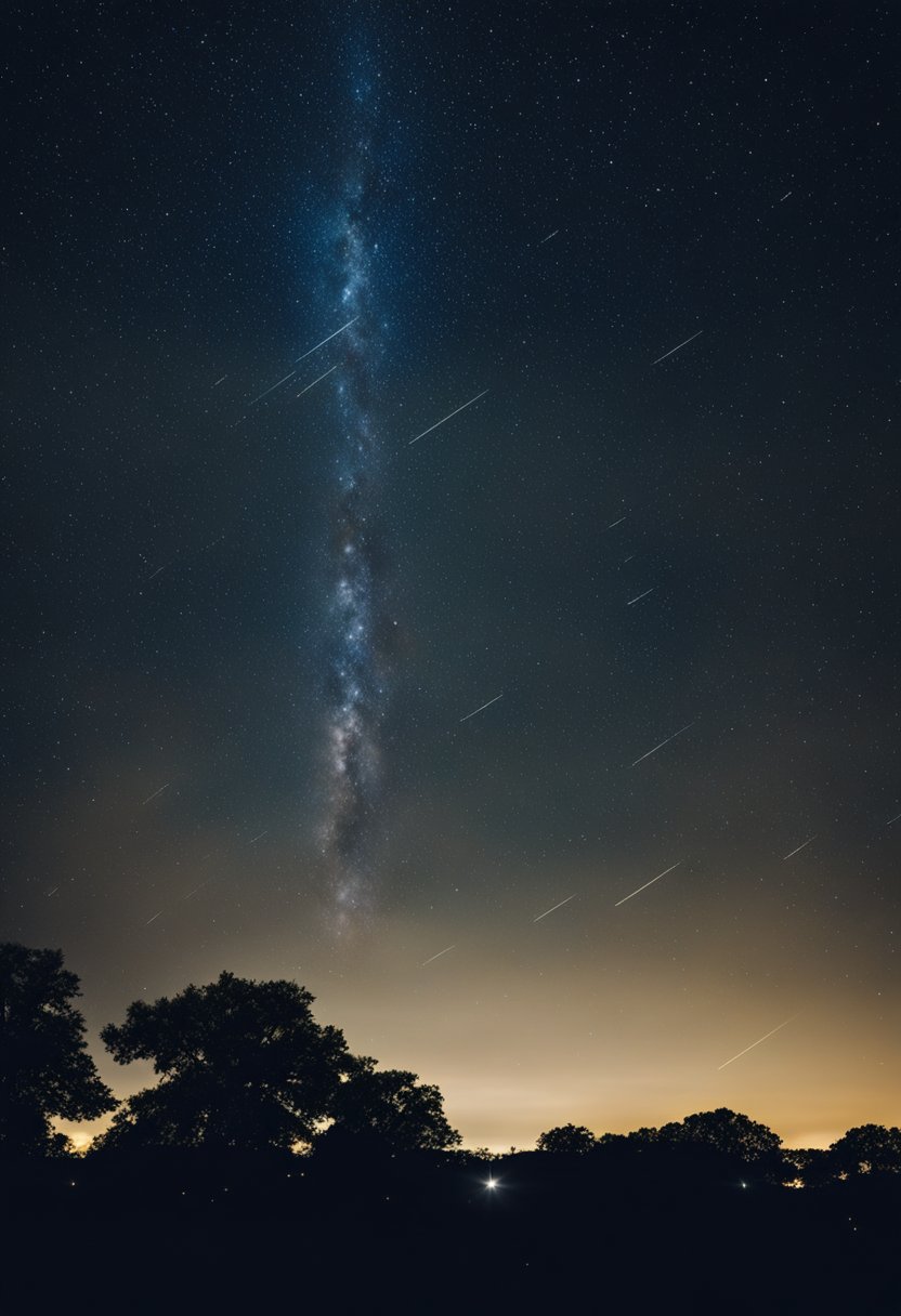 A dark night sky with shooting stars streaking across, illuminating the silhouette of trees and distant city lights in Waco