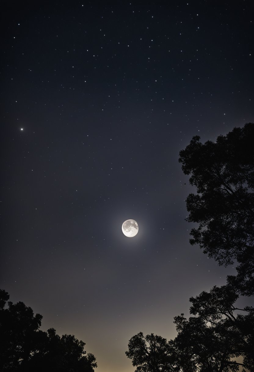 A clear night sky over Waco, with the moon partially covering a bright star, creating a stunning lunar occultation event for stargazers