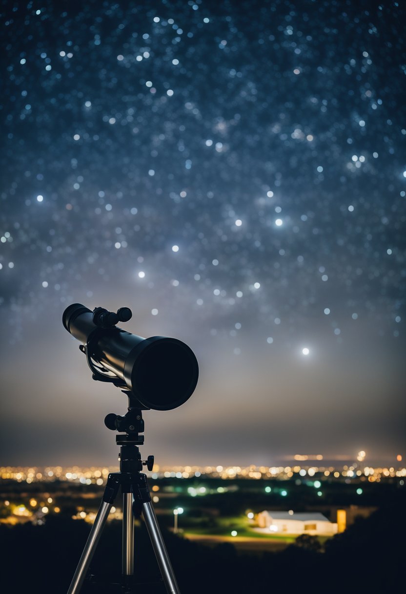 A night sky with telescopes pointed upwards, a calendar with stargazing events, and the city of Waco in the background