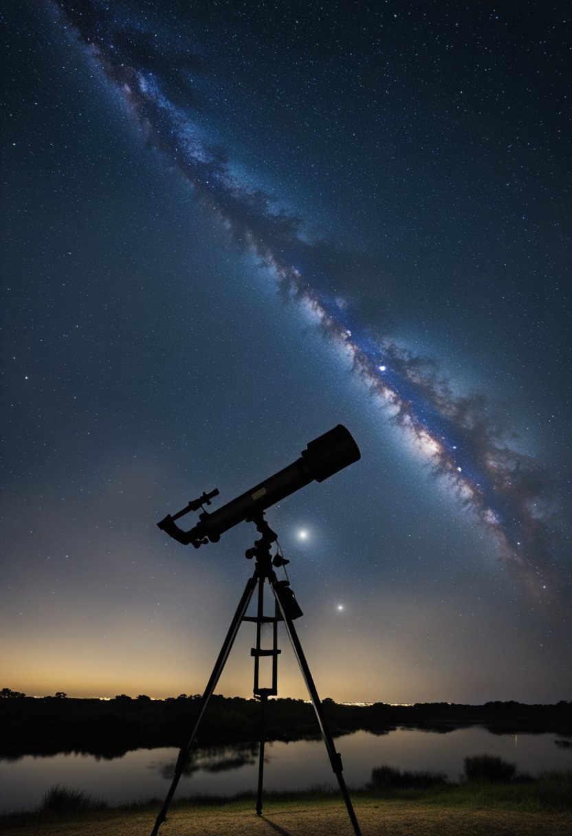 A clear night sky over Waco, with a telescope pointed upwards. Stars shine brightly, and a calendar shows upcoming stargazing events