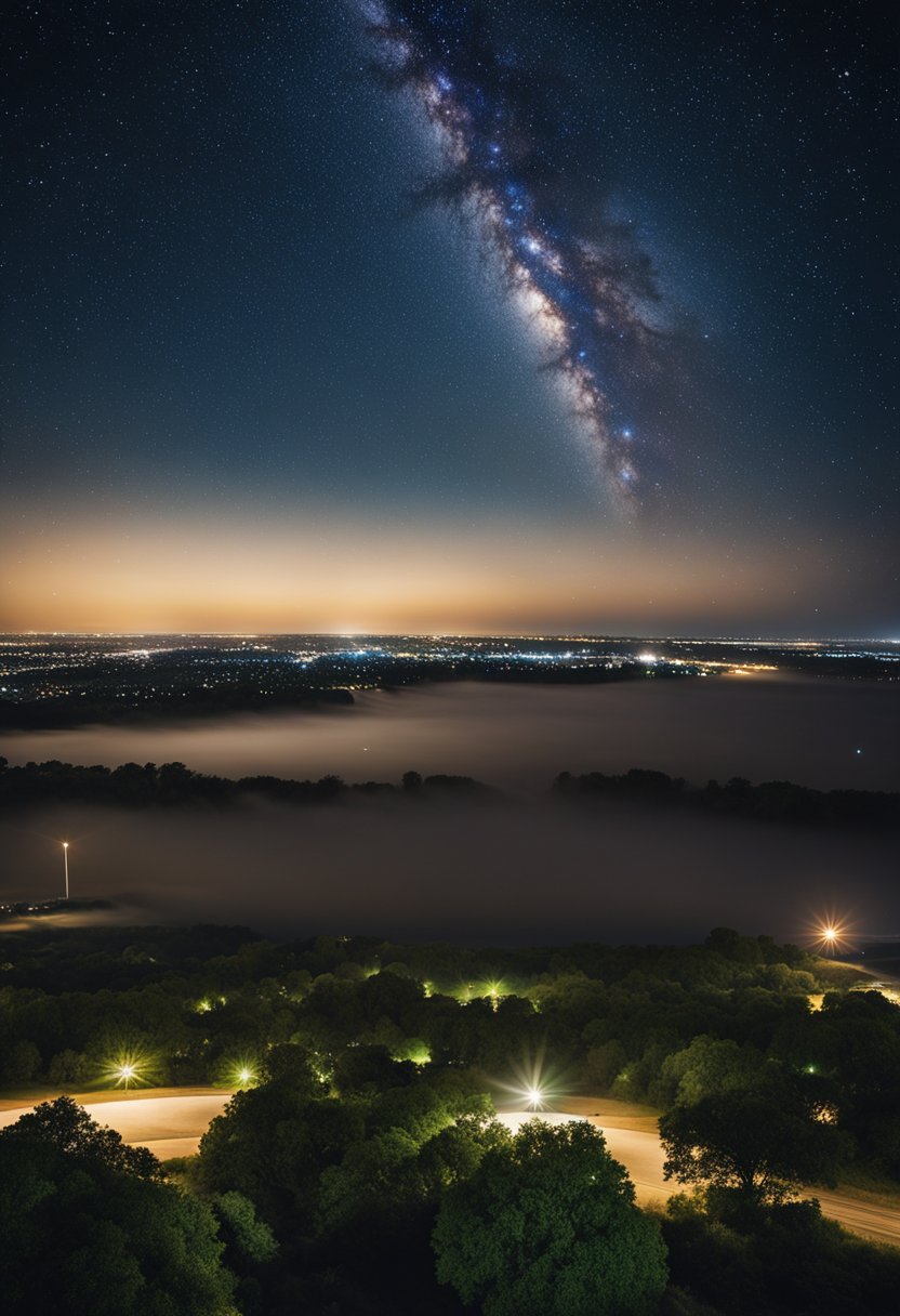 A clear night sky over Waco, with a panoramic view of the horizon and a blanket of stars twinkling above