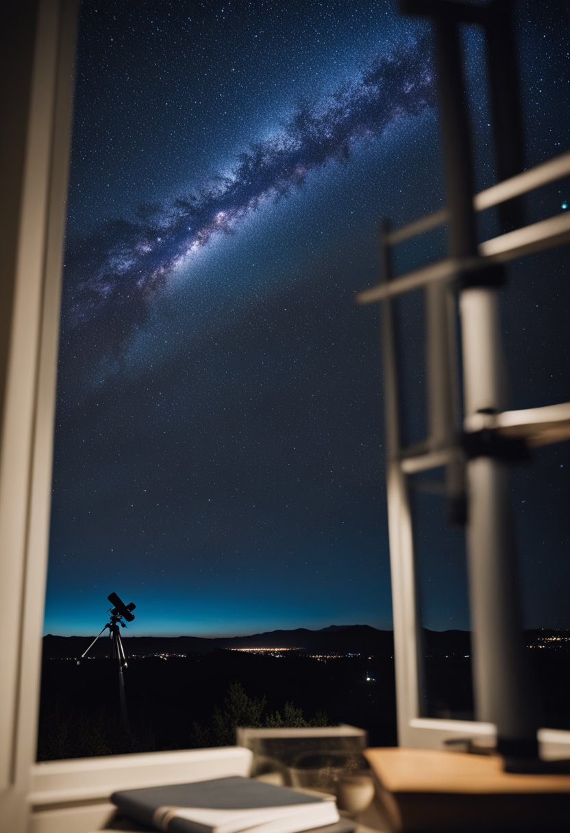 A clear night sky over Waco, Texas, with twinkling stars and a telescope pointing upwards. A book titled "Stargazing Tips and Essentials" sits nearby