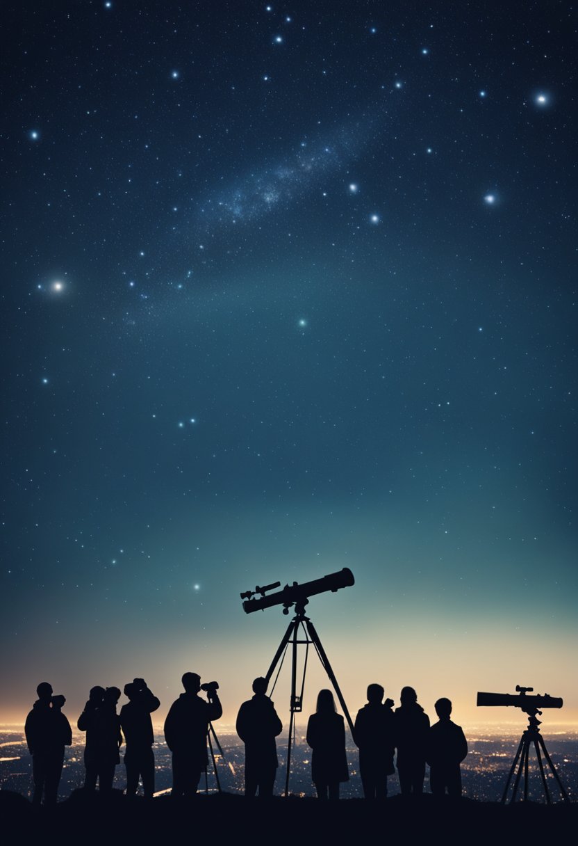 A group of people gather under the night sky, telescopes pointed upwards. The city lights fade as they search for constellations